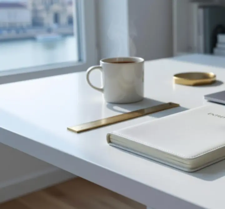 Fiatal vállalkozó asztali kialakítása modern irodai kellékekkel